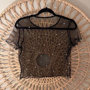 Black Sheer Mesh Top with Pearl Accents